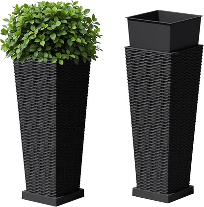 Devoko Resin Tall Planters with Tray for Outdoor Plants Set of 2, Large Taper Outdoor Planter Pots with 4 Drainage Holes, Flower Pots Modern Decor for Porch, Patio, Backyard, Garden(Black, 24")