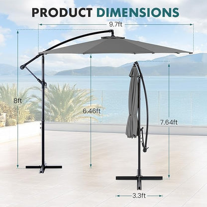 OLIXIS Offset Patio Umbrella, 9.7FT Cantilever Table Umbrellas for Outdoor Sun Shade UV Protection with Easy Tilt Adjustment, 8 Ribs for Backyard, Lawn, Garden, Pool - Grey