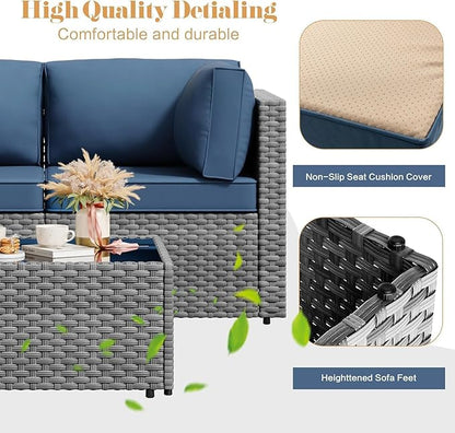 JAMFLY Patio Furniture Sets, 5-Piece Outdoor Patio Furniture with Thick Cushions, Wicker Outdoor Conversation Set Sectional Sofa for Backyard, Poolside, Garden, Aegean Blue