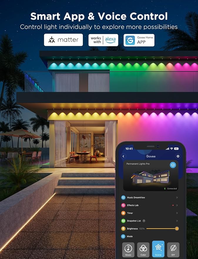 Govee Permanent Outdoor Lights Pro, 200ft with 120 RGBIC LED Lights for Daily and Accent Lighting, 75 Scene Modes for Outdoor Decor, IP67 Waterproof, Works with Alexa, Google Assistant, Matter, Black
