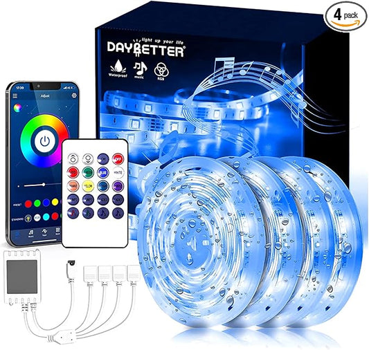 DAYBETTER Outdoor Led Strip Lights Waterproof, Smart Led Light Strips with Remote and App Control, 5050 RGB Color Changing Led Lights for Bedroom, Roof Eaves, Room Decor, 65.6 ft(4 Rolls of 16.4ft)