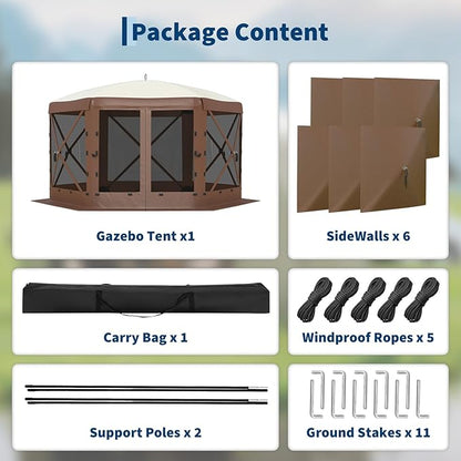 13x13FT 6-Sided Pop Up Gazebo Tent，One-Push Setup Canopy Tent with Removable Canopy Top & Wind Cloths, Outdoor shelter for Camping, Backyard Parties, Outdoor Events - Beige & Khaki