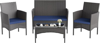 Kullavik 4 Pieces Outdoor Patio Furniture Set,PE Wicker Rattan Chairs Garden Conversation Sets with Tempered Glass Table and Soft Cushions for Lawn,Pool or Backyard,Navy Blue