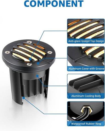 SUNVIE 12W Low Voltage Landscape Lighting Anti-Glare LED Well Lights(Grated Top) 12V-24V Waterproof Outdoor In-Ground Lights 3000K Landscape Lighting for Garden Yard Pathway 6 Pack with Connectors