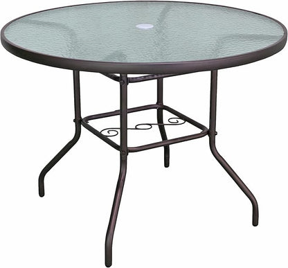 Garden Elements Outdoor Patio Furniture, Round Dining Table, Steel Base and Rim with Water-Wave Glass Top, Brown, 40"