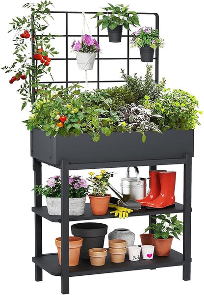 Metal Raised Garden Bed with Trellis & 2-Tier Storage Shelf, Elevated Planter Box with Legs -Includes 3 Flower Pots, Outdoor Vertical Garden for Vegetables Herbs Climbing Plants Patio Balcony