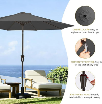 MEWAY 9ft Patio Umbrella Outdoor Table Umbrellas with Push Button Tilt and Crank, Market Umbrella 8 Sturdy Ribs for Deck, Garden, Pool and Backyard, Gray