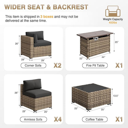 Aoxun Patio Furniture Sets, 8-Piece Outdoor Patio Furniture with 44'' Propane Gas Firepit Table, Wicker Outdoor Conversation Set Sectional Sofa for Backyard, Poolside, Garden (Black Cushion)