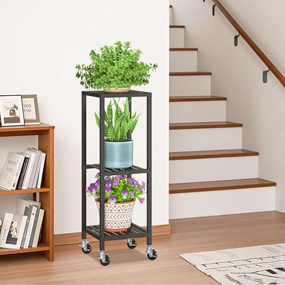 LASZOLA 3 Tier Black Metal Plant Stand Indoor Outdoor with Wheel for Large Planter, Modern Heavy Duty Tall Rolling Rack for Corner House Bathroom Patio Floor, Iron Flower Shelf Holder for Orchid Fern