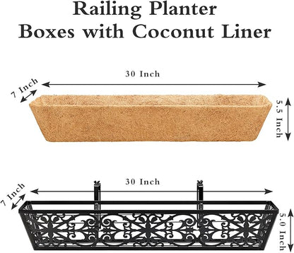 4 Pack 30 Inch Window Boxes Planters Railing Planter Box with Adjustable Brackets & Coco Liners Fabric Plant Grow Bags Deck Railing Planter Boxes Balcony Hanging Flower Box for Outdoor Plants