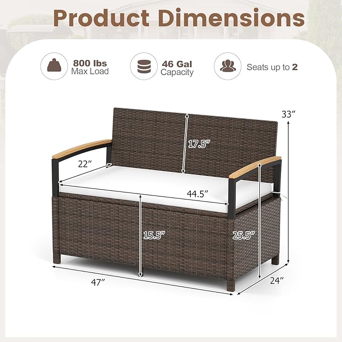 Storage Bench, 2-Person Brown PE Rattan with 46-Gallon Storage