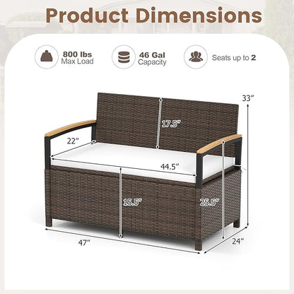 Storage Bench, 2-Person Brown PE Rattan with 46-Gallon Storage