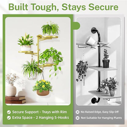iDavosic.ly Rotating Window Plant Shelves, 3-Tier Metal Wall Stand with 2 Hooks, Flower Display Holder Rack for Living Room, Space Saving, Gold (Pots/Chains/Plants Not Included)