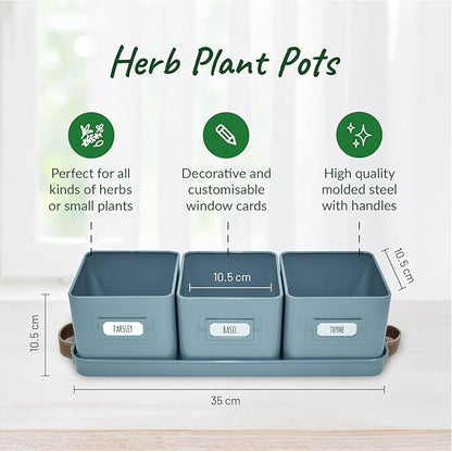volila Herb Planter Indoor - Set of 3 Teal Blue Indoor Herb Garden Pots for Plants with Leather Handled Tray - Window Sill Plant Shelf - Herb Pots with Drainage Holes and Labels
