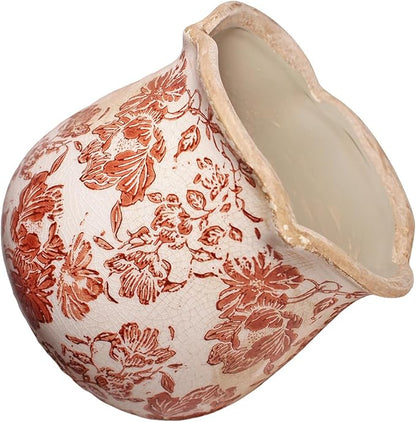 Country Farmhouse Planters for Spring Decor, 6.11 Inch Vintage Distressed Ceramic Plant Pot with Drainage for Indoor Plants, Terracotta Pots & Italian Tuscan Decor, Gardening Gifts (Red Flower)