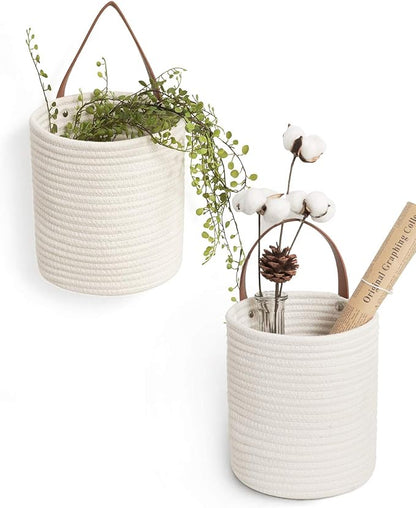 Goodpick 2pack Rope Hanging Basket - Small Round Hanging Baskets Storage for Key, Sunglasses, Wallet on Door - Modern Woven Baskets Wall Decor for Plant, White Cotton Basket 7.87 x 7 x 11.7 inches