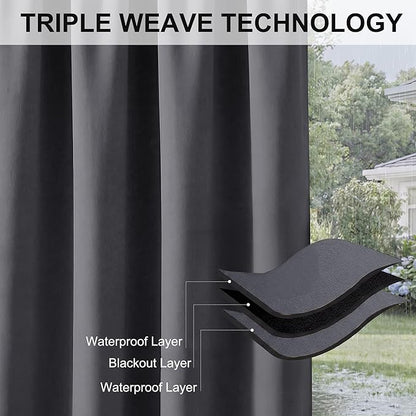 RYB HOME Outdoor Curtains for Patio Waterproof Block Sunlight Thermal Insulated Privacy Assured Thick Outside Curtains for Pergola, Deck, Gazebo, W52" x L120", Grey, 1 Panel