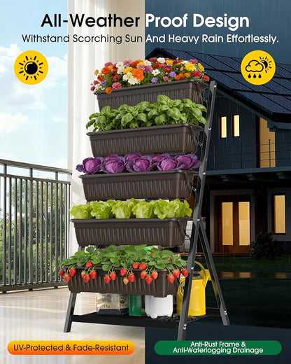 5-Tier Vertical Garden Bed Planter Boxes with Drainage System & Storage Space, Freestanding Vertical Garden Planter with 5 S-Hooks for Plants Vegetables Flowers Herbs in Garden Patio Yard