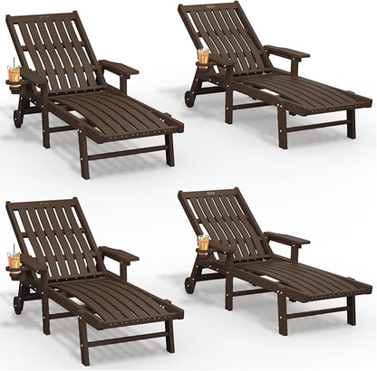 Patio Chaise Lounge Chair Set of 4, Oversized Lounge Chair Outdoor with 5 Positions, HDPE, Patio Lounge Chair with Wheels & Cup Holder for Pool, Deck, Poolside,Brown