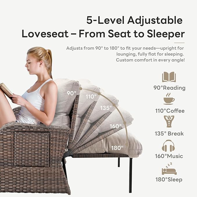 Belord Patio Furniture Set - 6-Piece Wicker Loveseat Outdoor Daybed Furniture Set with Recliner Lounge Chairs Set of 2 and Side Table, All-Weather Outdoor Patio Conversation Set for Deck Pool Backyard