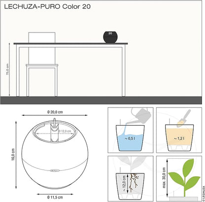 Lechuza Puro Color 20 White, Self-Watering Small Indoor Planter, D7.9 H6.3 in