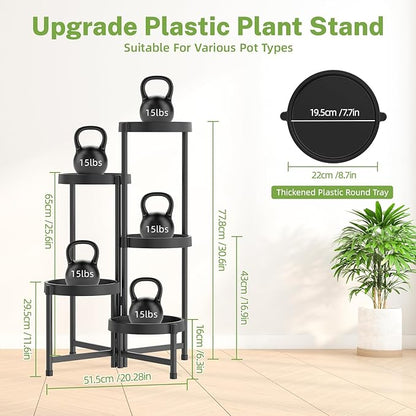 iDavosic.ly 5 Tier Folding Plant Stand Indoor Outdoor with Plastic Tray, Tiered Corner Flower Holder Shelf, Metal Orchid Display Rack for Patio Porch Living Room Garden Balcony, Modern Black