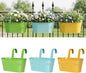 Railing planter box - 3 Pack Metal Hanging Flower Pots with Detachable Hooks & Drainage Holes, Window Oval Bucket Fence Hanging Planters for Outdoor Plants Garden Balcony Home Decor, Green Orange Blue