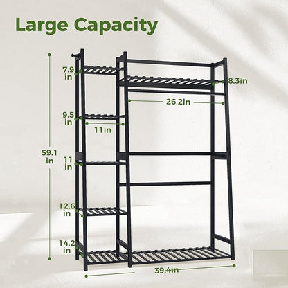 Bamworld Plant Shelf Indoor 55" Tall Bamboo Plant Shelves 5 Tier Hanging Plant Stand Large Ladder Shelf Flower Stand Plant Holder Plant Rack for Garden Balcony Home Decor Living Room Bedroom Black