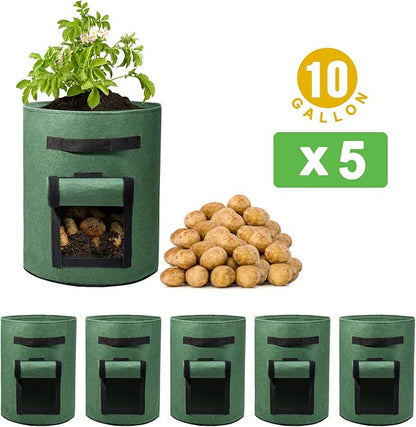 Delxo 5 Pack 10 Gallon Potato Grow Bags, Garden Planting Growing Bag with Flap, Double Layer Breathable Nonwoven Cloth for Potatoes/Planter/Vegetable/Tomato Fabric Pots with Handles Green