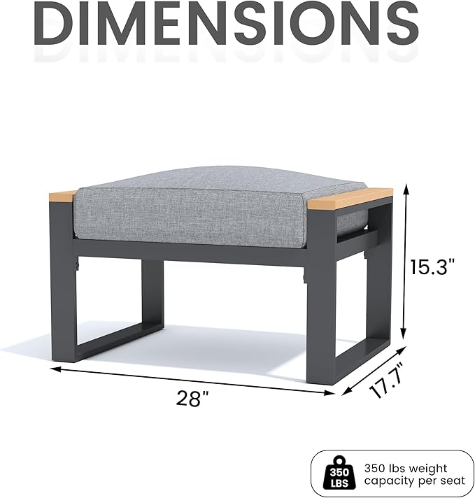 Sundale Outdoor 2 Pieces Aluminum Patio Ottoman, Outdoor Footstool with Sandwich Foam Cushions, Olefin Fabric, Small Metal Outdoor Chairs for Deck, Backyard, Porch (Grey)