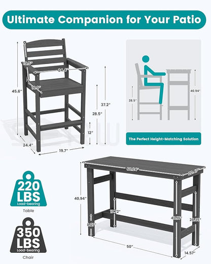 SERWALL Outdoor Bar Table and Chairs Set, Adirondack Bar Chairs Set of 2 and Bar Height Table, All Weather HDPE Patio Bar Set, Outdoor Furniture for Outside, Grey