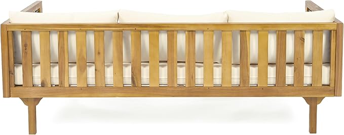 Merax 67.5" Outdoor Patio Daybed 3 Seater Sofa Bed,Acacia Wood Frame with Rattan Arm,Cushion & Pillow
