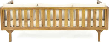 Merax 67.5" Outdoor Patio Daybed 3 Seater Sofa Bed,Acacia Wood Frame with Rattan Arm,Cushion & Pillow