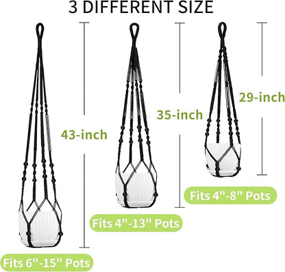 Macrame Plant Hanger - Fits 4 to 15 inches Pots for Indoor Outdoor, 43"/35"/29" Different Sizes Set, Black (POTS NOT Included)