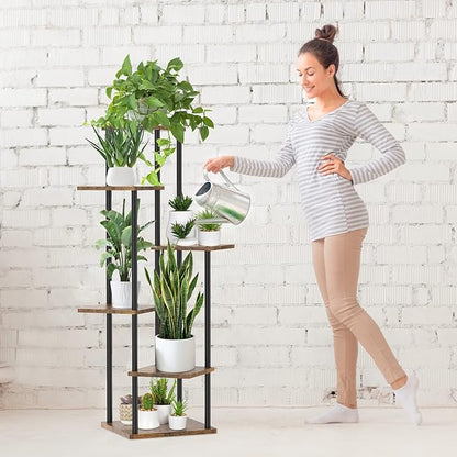 6 Tier Tall Plant Stand Indoor Outdoor, Large Wood Metal Planter Shelf Holder for Narrow Corner, Sturdy Vertical Multiple Flower Orchid Pot Decorative Rack for House Living Room Bedroom Office, Rustic Black