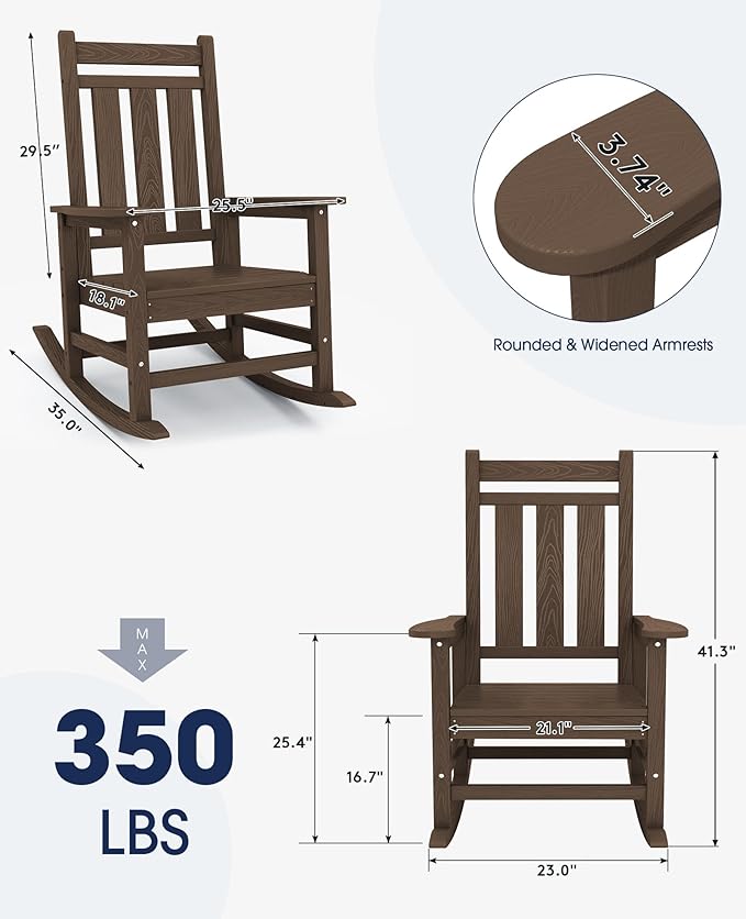 Rocking Chair, Coffee Oversized Patio Chair, 350 lb Capacity, HDPE