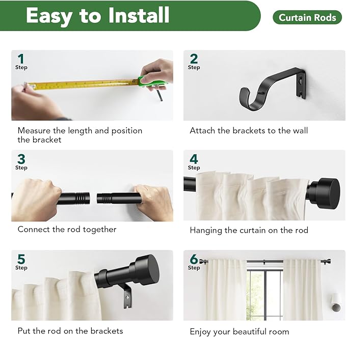 2 Pack Curtain Rods for Windows 28 to 48, 1 Inch Adjustable Black Heavy Duty Window Curtain Rod for Bedroom Living Room, Modern Drapery Rods with End Caps, Size 32"-60"