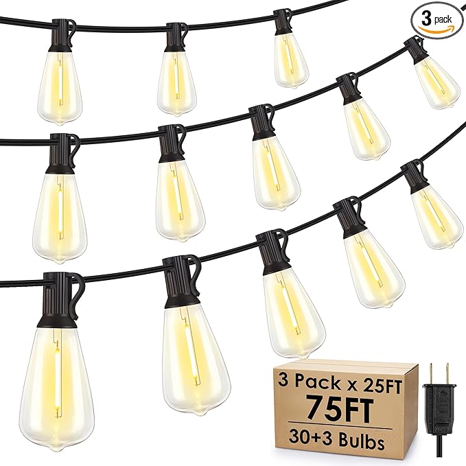 75FT(3x25FT) Outdoor String Lights, Patio Lights with 30+3 LED Dimmable Waterproof Connectable ST38 Bulbs for Outside Porch Balcony, Black
