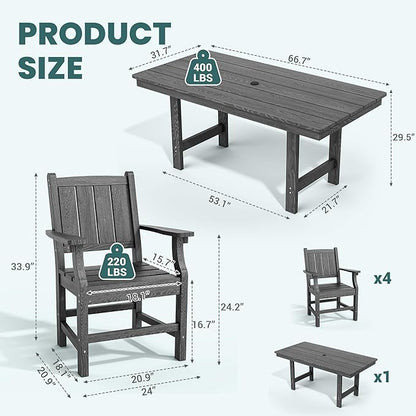 Pamapic 5-Piece Outdoor Dining Set, HDPE Outdoor Rectangular Table and 4 Chairs, Wood Grain Patio Furniture Sets with Armrest, All-Weather Patio Dining Table with Umbrella Hole, Gray