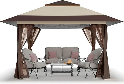 CROWN SHADES 11x11 Pop Up Gazebo, Patented One Push Outoor Canopy Tent with Wheeled STO-N-Go Cover Bag, Pop Up Canopy with Netting for Patio, Backyard (11x11, Beige & Coffee)