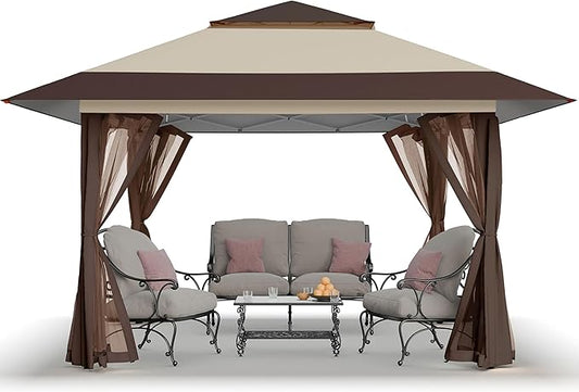 CROWN SHADES 11x11 Pop Up Gazebo, Patented One Push Outoor Canopy Tent with Wheeled STO-N-Go Cover Bag, Pop Up Canopy with Netting for Patio, Backyard (11x11, Beige & Coffee)