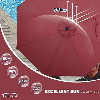 Tempera Patio Market Outdoor Table Umbrella with Auto Tilt and Crank, Large Sun Umbrella with Sturdy Pole & Fade Resistant Canopy, Easy to Set