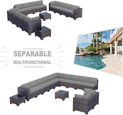 Kullavik 14 Pieces Outdoor Patio Furniture Set PE Wicker Rattan Sectional Sofa Patio Conversation Sets,Grey