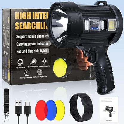 Rechargeable Spotlight,99,000 LM Super Bright Handheld Spot Light LED Flashlight High Lumens,Powered Spotlight Large Searchlight Outdoor with Solar Panels & COB Light for Boat Camping Hunting