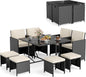 Tangkula 9 Piece Patio Dining Set, Rattan Chairs with Tempered Glass Table & Ottoman, Space Saving Wicker Sectional Conversation Set with Removable Cushions, Outdoor Furniture for Backyard Garden Deck