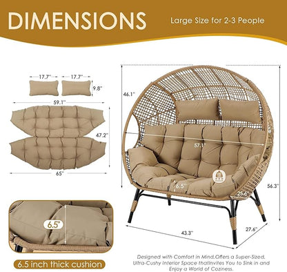 NICESOUL® Double Egg Chair Indoor Outdoor Stationary Oversized 6.5" Thick Padded Cushions,2 Person Wicker Egg Loveseat Chair,680 lbs Extra Wide Lounge Chair for Patio Balcony Porch Brown with Cover