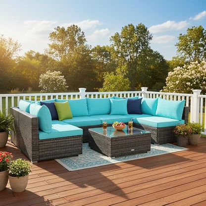 Tangkula 7 Pieces Wicker Patio Furniture Set, All-Weather Outdoor Rattan Sectional Sofa Set with Cushions & Tempered Glass Coffee Table, Outside Sofa Set for Garden, Lawn, Deck, Backyard (Turquoise)