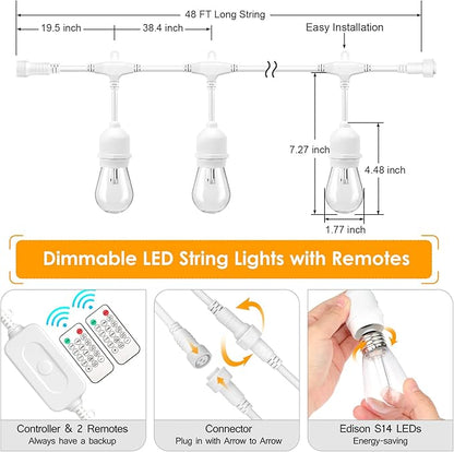 Mlambert 3 Color Outdoor LED Dimmable String Lights for Patio with Remote, Plug in 48FT Waterproof Shatterproof LED Bulb Light for Cafe-White Cord
