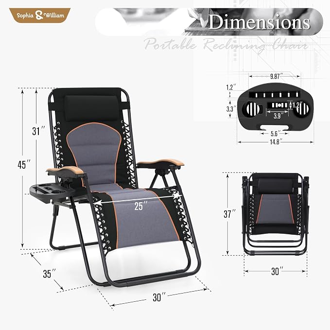 Recliners Set of 2 Oversized Zero Gravity Lounge Chairs in Black, 400 lb