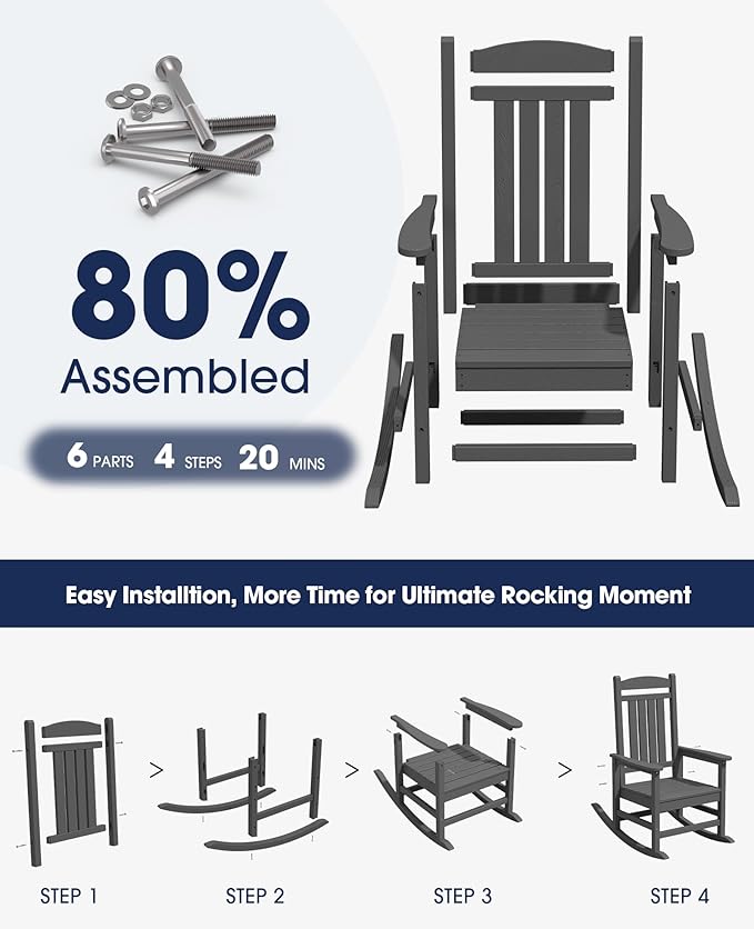 HDPE Rocking Chairs, Set of 2 in Grey, Weather-Resistant Outdoor Patio Seating